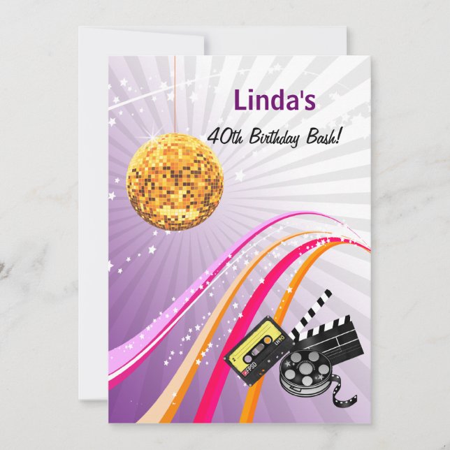 convite de festas retrô totalmente anos 80 roxo (Frente)
