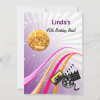 convite de festas retrô totalmente anos 80 roxo