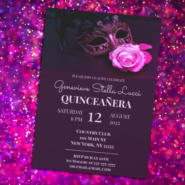 Convite de festas Rosa Mascarada Quinceañera (Criador carregado)