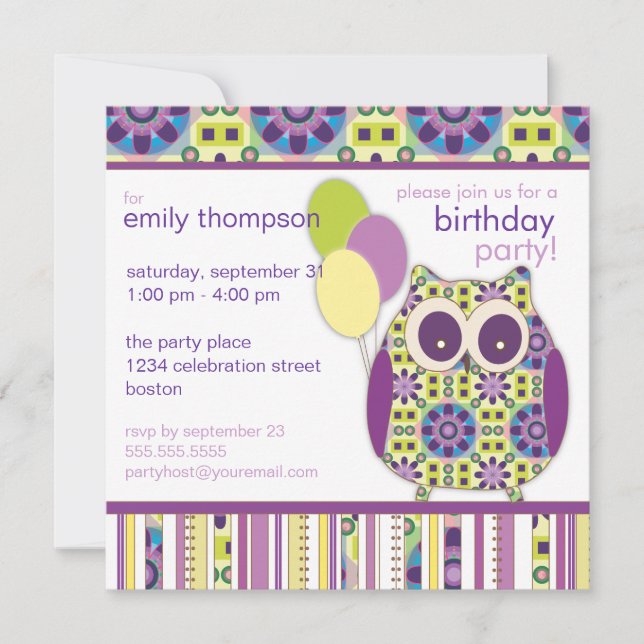 Convite de festas Roxo Power Birthday Owl (Frente)