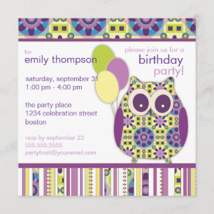 Convite de festas Roxo Power Birthday Owl