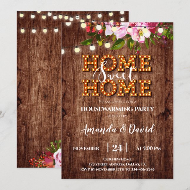 Convite de festas Rustic Floral Home Sweet Home (Frente/Verso)