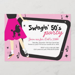Convite de festas temático dos anos 50 da saia da