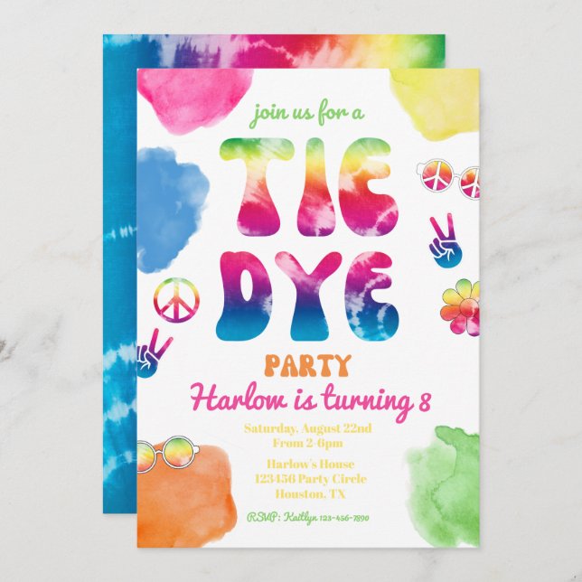 Convite de festas Tie Dye | Tie Dye Birthday (Frente/Verso)