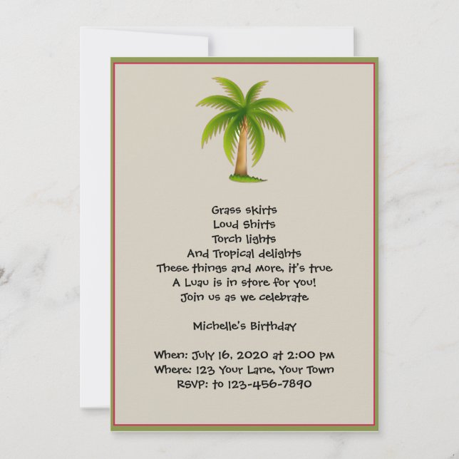 Convite de festas tropical de Luau da palmeira (Frente)