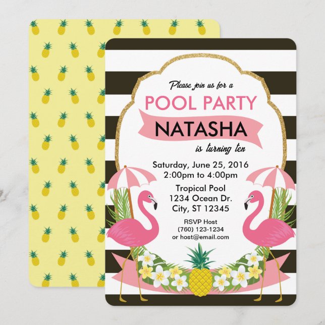 Convite de festas Tropical Flamingo Piscina (Frente/Verso)