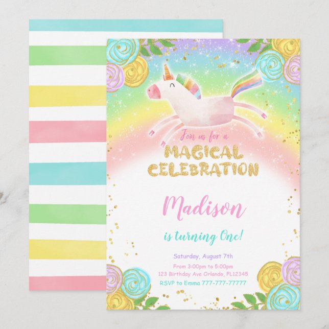 Convite de festas Unicorn do primeiro aniversario  (Frente/Verso)