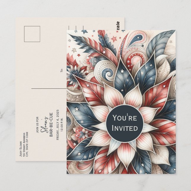 Convite de festas Vermelho Festivo Branco e Azul (Frente/Verso)