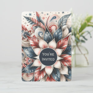 Convite de festas Vermelho Festivo Branco e Azul