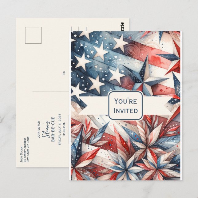 Convite de festas Vermelho Festivo Branco e Azul (Frente/Verso)