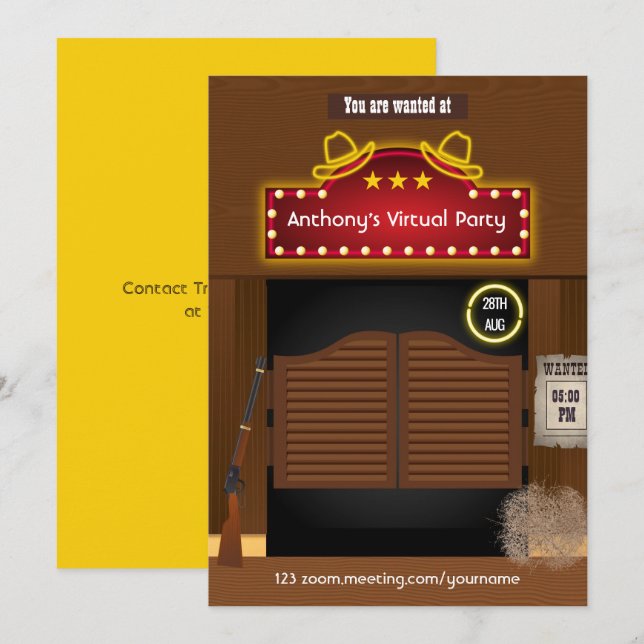 Convite de festas Virtual Wild West Cowboy (Frente/Verso)