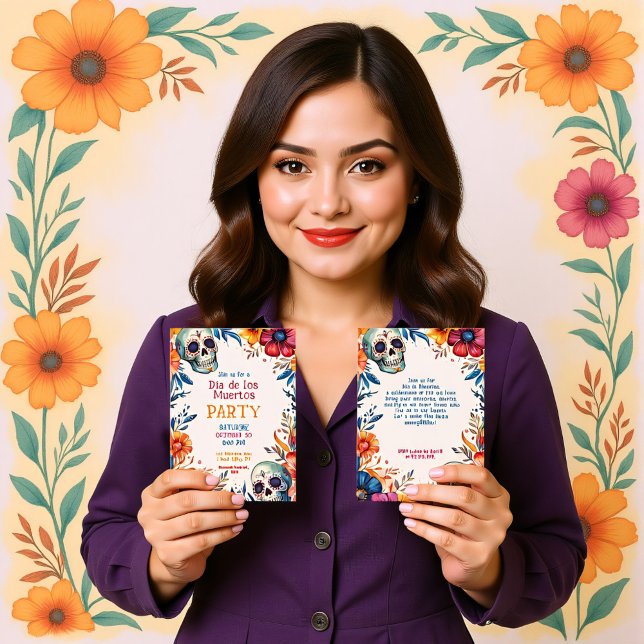 convite de festas 💀 Watercolor Día de Muertos (Watercolor Día de Muertos Party Invitation, customizable on both sides. printed or digital)