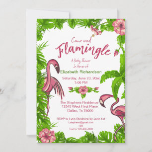 Convite de Flamingos e Flores Tropicais