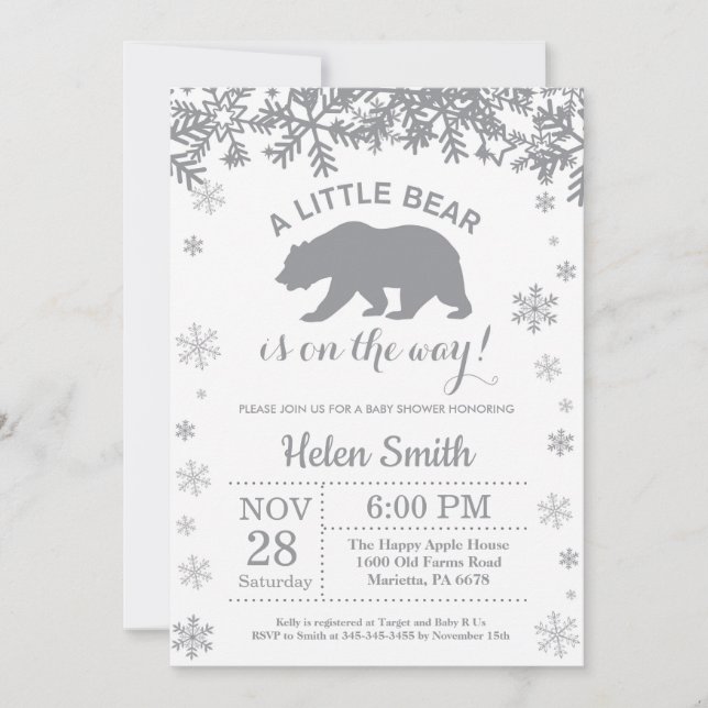 Convite de Floco de Neve para Chás de Bebê de Urso (Frente)