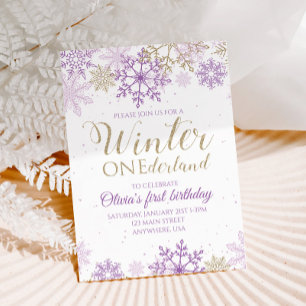 Convite de Floco de Neve Roxo e Dourado do Inverno