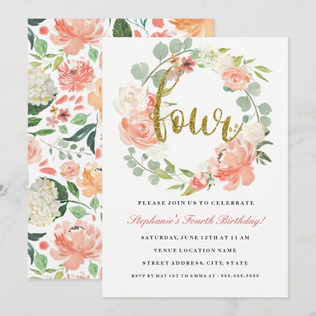 Convite de Floral de Ouro Rosa para 4º Aniversário (Frente/Verso)