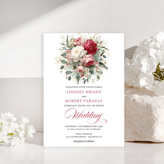 Convite de Floral Verde Boho Atemporal Vermelho Ro (Timeless Boho Red Blush Floral Greenery Invitation)