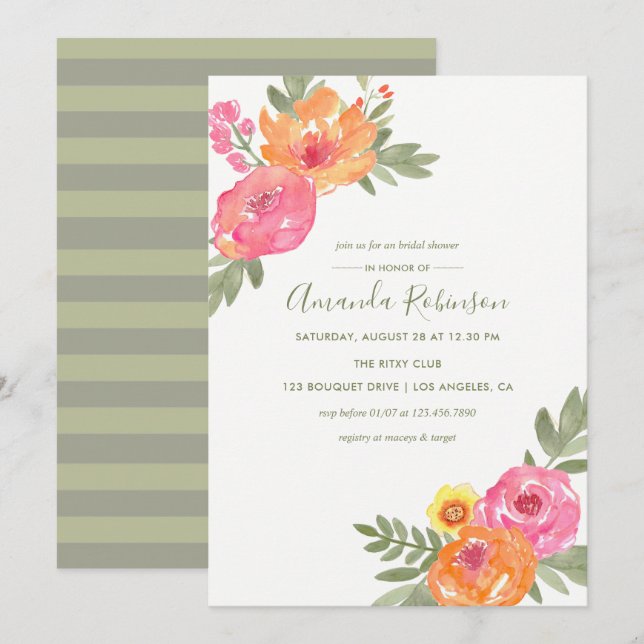 Convite de flores aquarela para chá de noiva de pr (Frente/Verso)