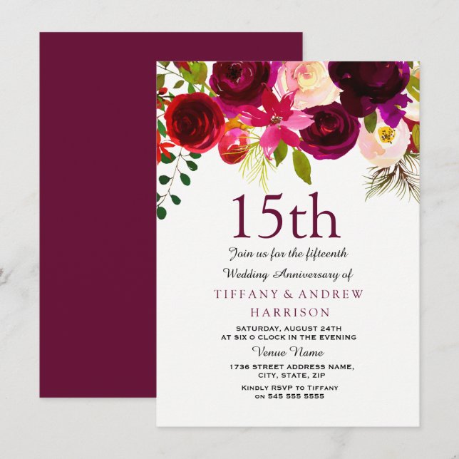 Convite de Flores Bordeaux para 15º Aniversário de (Frente/Verso)