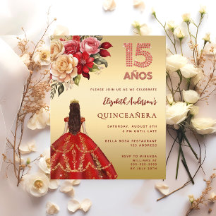 Convite de flores de vestido vermelho dourado para