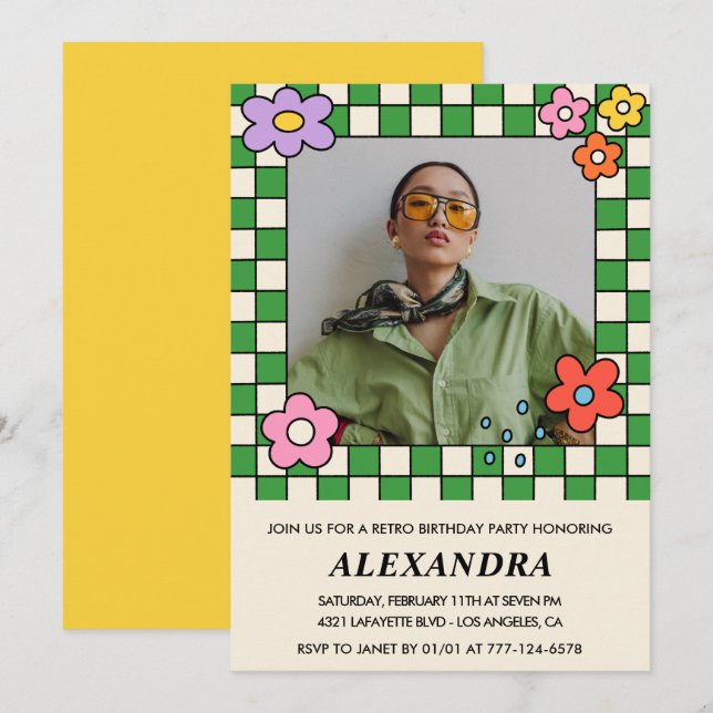 Convite de Flores Retro para 37º aniversário (Frente/Verso)