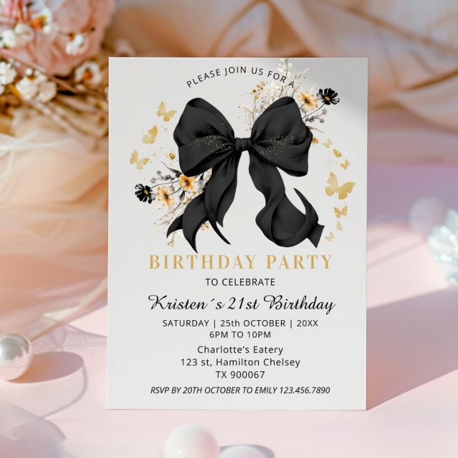 Convite de Flores Silvestres com Laço Preto Coquet (Elegant Black and Gold Birthday invitation card)