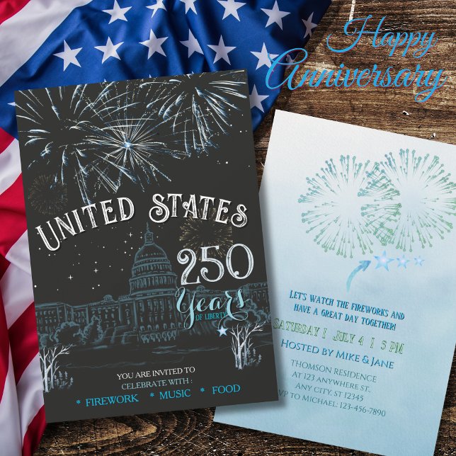 Convite de Fogos de Artifício Azul Clássico US 250 (Classic Blue US 250 Years Fireworks Invitation)