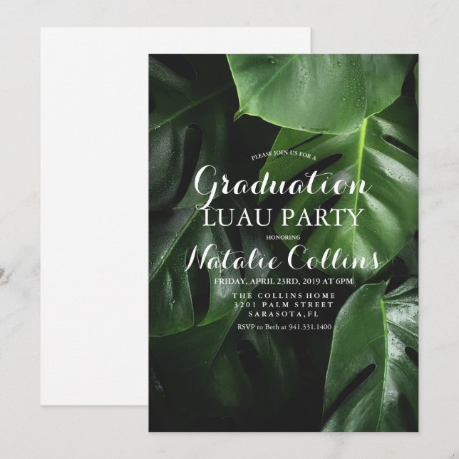 Convite de Folha de Palme Tropical de Luau de Grad (Frente/Verso)