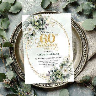 Convite de Folha Verde e Branco Boho para 60º Aniv