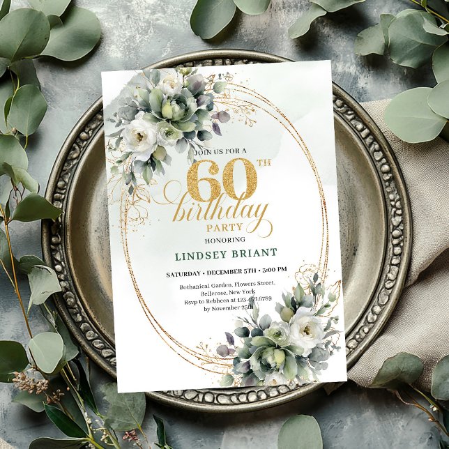 Convite de Folha Verde e Branco Boho para 60º Aniv (Boho 60th Birthday Green And White Leaf Invite

)