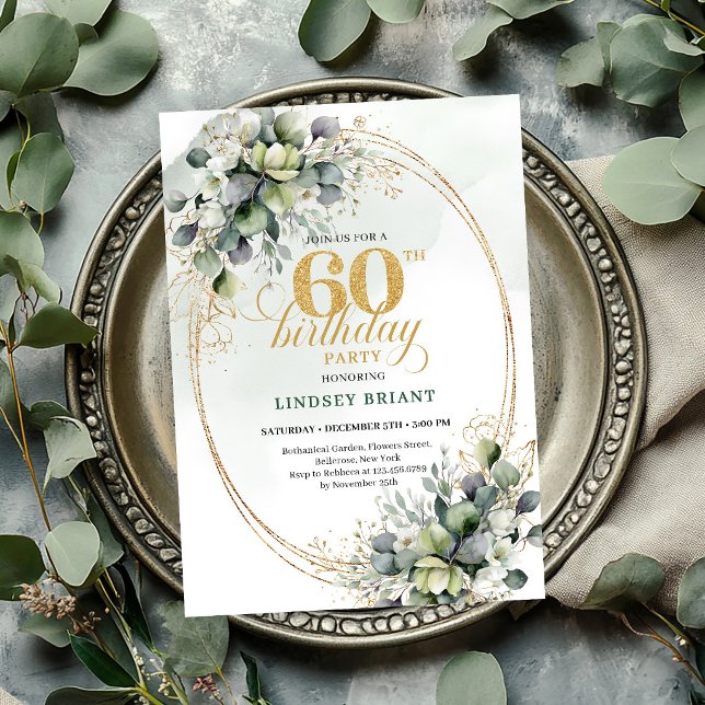 Convite de Folha Verde Empoeirada de Aniversário d (Bohemian 60th Birthday Dusty Green Leaf Invite

)