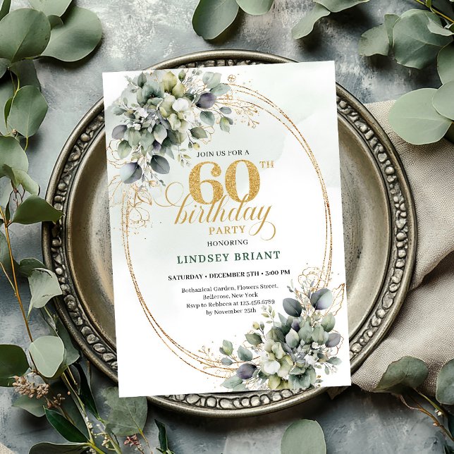 Convite de Folhagem Verde Bohemio para Aniversário (Bohemian 60th Birthday Greenery Leaf Invite

)