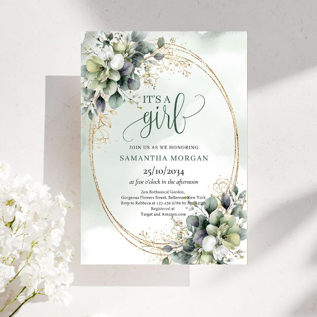 Convite de Folhas Botânicas em Aquarela It's A Gir (Watercolor Botanical Leaves It’s A Girl Invitation)