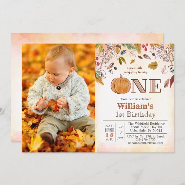 Convite de Folhas Rústicas de Abóbora de 1º Aniver (Frente/Verso)