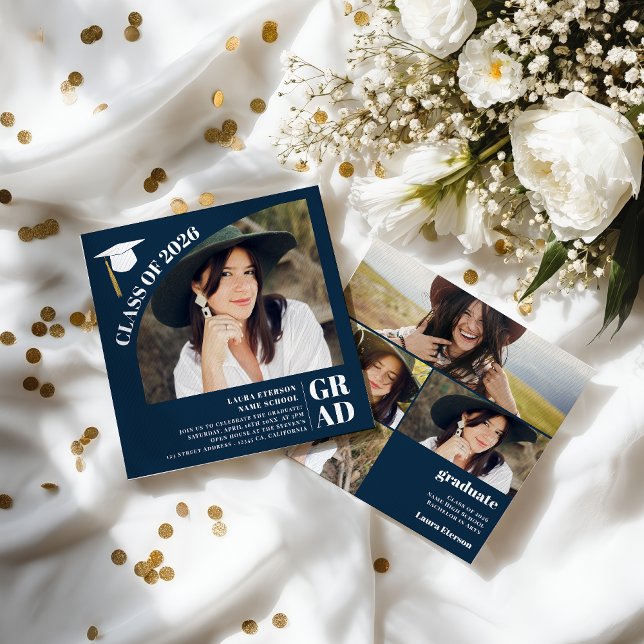 Convite de formatura azul marinho moderno 5 fotos (Modern arch navy blue 5 photos graduation invitation)