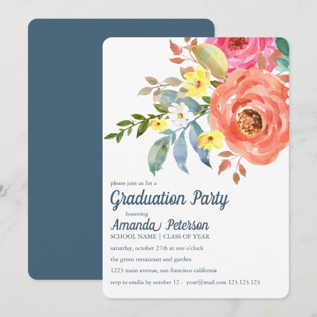 Convite de formatura azul Peonias Rosa Pêssego (Frente/Verso)