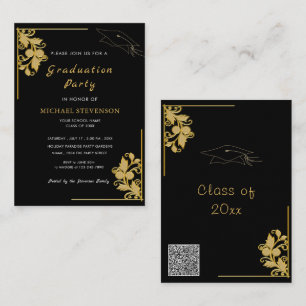 Convite de Formatura Black Gold com Código QR