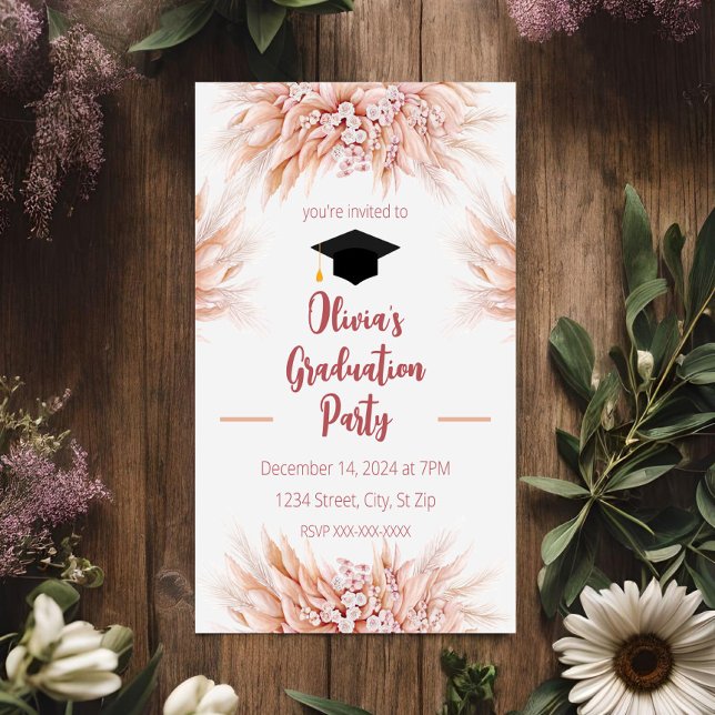 Convite de Formatura Boho com Grama Pampas Rosa (Criador carregado)
