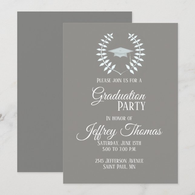 Convite de Formatura Cinza Cap & Folhas 5" x 7" (Frente/Verso)