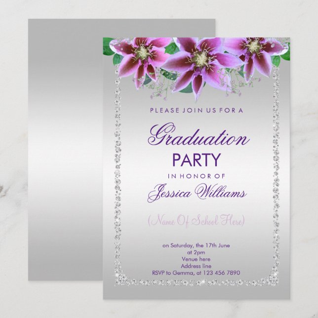 Convite de Formatura Classy Diamonds & Flowers (Frente/Verso)