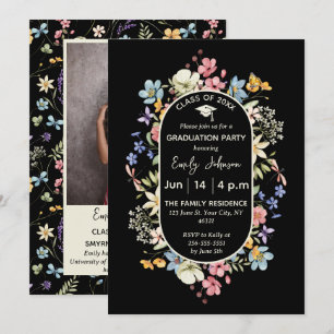 Convite de Formatura com 1 Foto Floral Preto