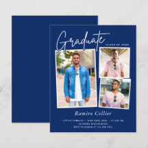 Convite de Formatura com 3 Fotos Azul Marinho