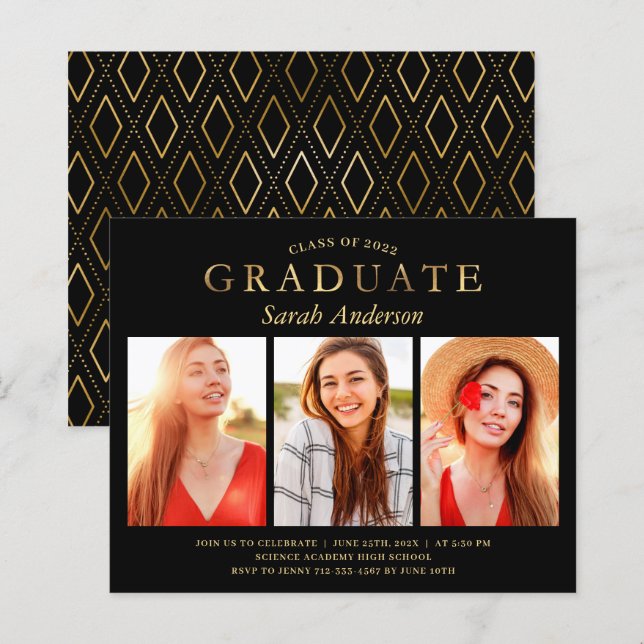 Convite de Formatura com 3 Fotos Black Gold (Frente/Verso)