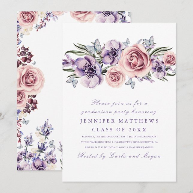 Convite de Formatura com Aquarela Floral Roxa (Frente/Verso)