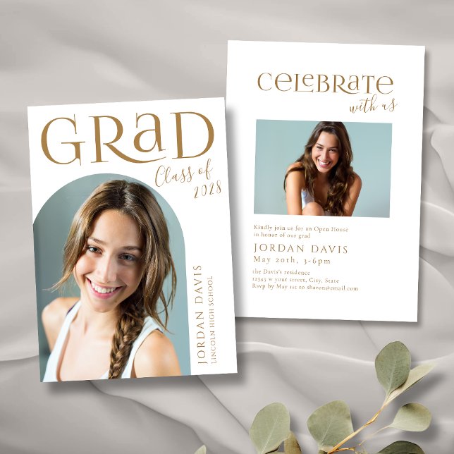 Convite de Formatura com Arco Moderno Dourado e Fo (Gold Modern Arch Photo Graduation Announcement)