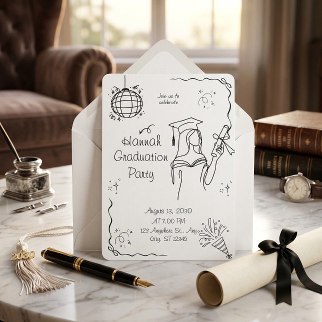 Convite de Formatura com Arco Preto e Branco Desen (Hand Drawn Black & White Arch Photo Graduation Invitation)