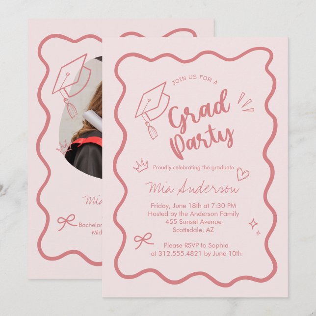 Convite de Formatura com Borda Ondulada Rosa Charm (Frente/Verso)
