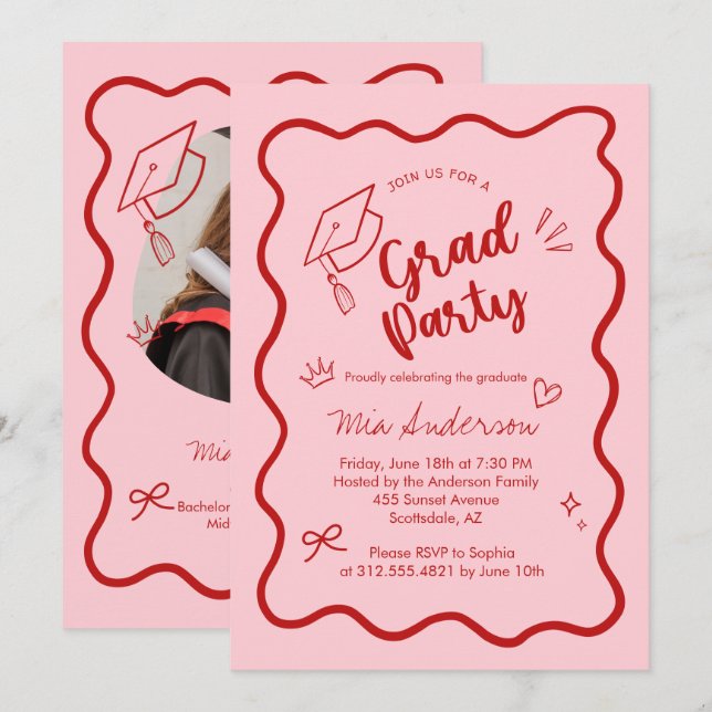 Convite de Formatura com Borda Ondulada Rosa Fofo  (Frente/Verso)