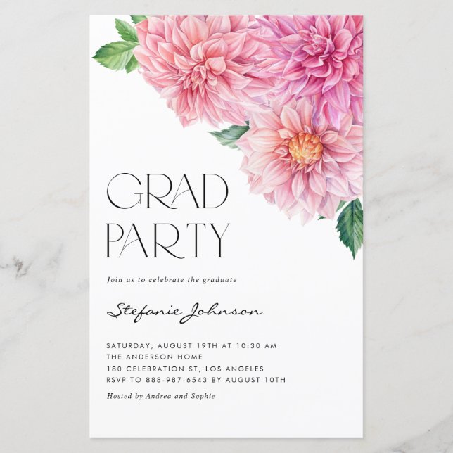 Convite de Formatura com Dahlia em Aquarela Rosa (Frente)