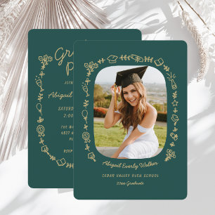 Convite de Formatura com Desenhos à Mão em Esmeral